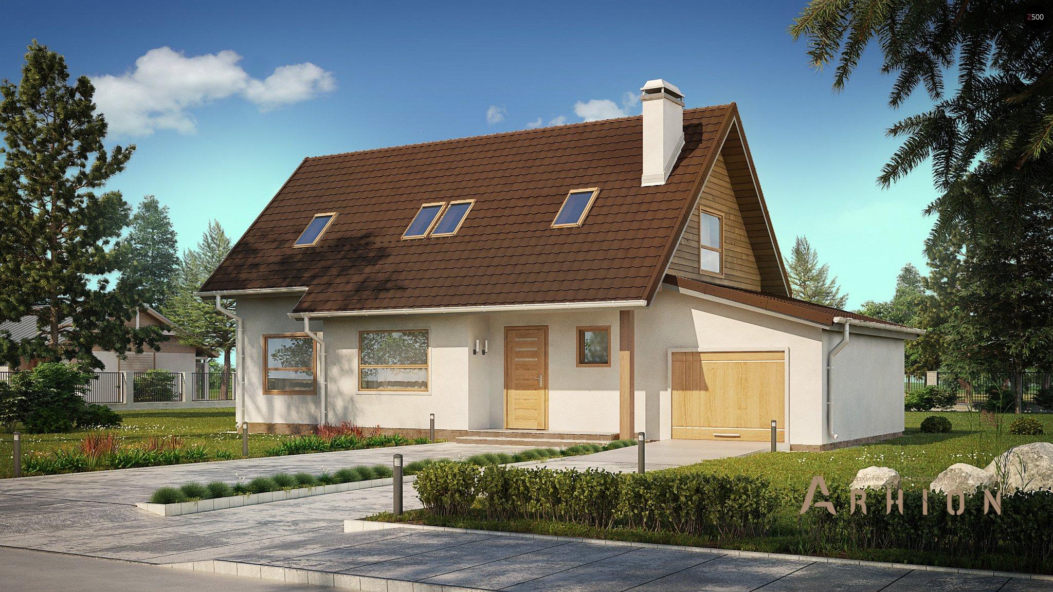 1. Проект одноэтажного дома в европейском стиле с двускатной кровлей, Z79 GP, площадью - 165 кв c мансардой, терассой, гаражом